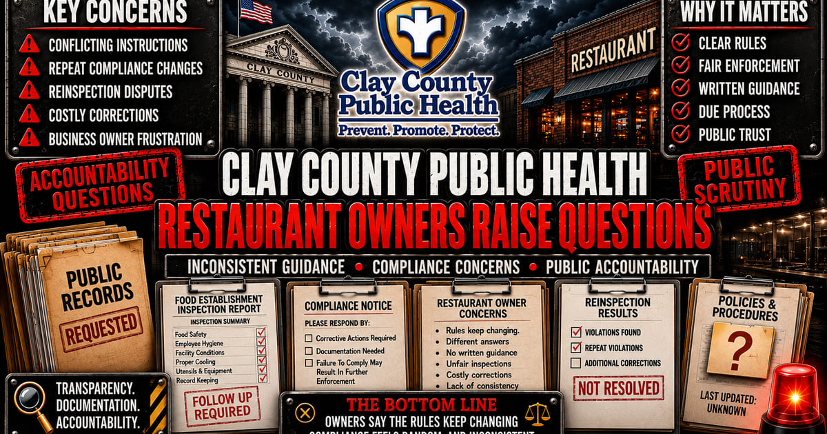 Investigative blog image showing Clay County Public Health logo surrounded by inspection reports, compliance documents, warning panels, and restaurant owner accountability concerns in Clay County Missouri